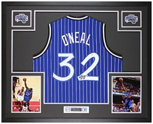 shaquille o’neal autographed blue p/s magic jersey – beautifully matted and framed – hand signed by o’neal and certified authentic by beckett – includes certificate of authenticity