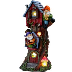 TERESA'S COLLECTIONS 14.8 Inch Tall Large Garden Gnome Statues with Solar Lights, Funny Garden Sculptures Treehouse Figurines Resin Lawn Ornaments for Outside Outdoor Patio Yard Decoration