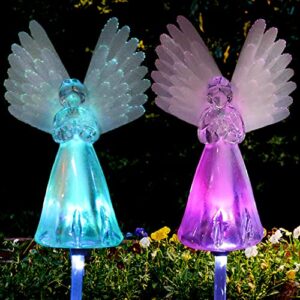 awinking 2 packs solar angel lights outdoor, color changing angel landscape path lights, waterproof solar angel cemetery decorations for grave, memorial garden, backyard, lawn, pathway