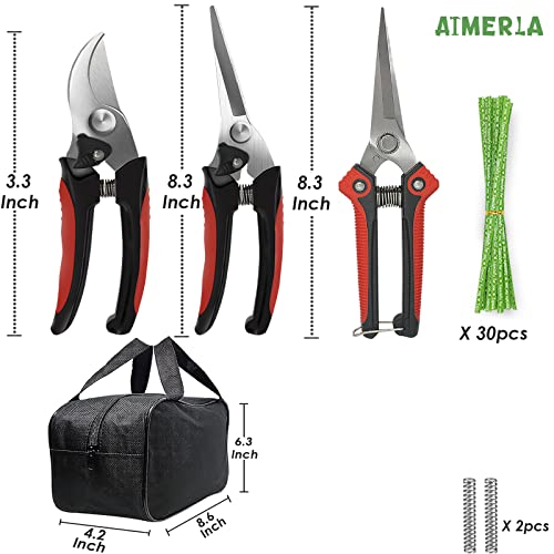 Aimerla Premium pruning shears. Stainless Steel garden shears for plants, shrubs, bushes. Durable Garden Scissors Set with Garden Gloves, Storage Bag, Garden Accessories for Women, Men 3 Pack