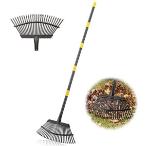 leaf rake for gardening – 18″ wide garden rake for leaves,25 tines yard rakes for lawns heavy duty,36-78″ adjustable handle for easy cleaning,metal rake for shrub,grass,detachable for camping