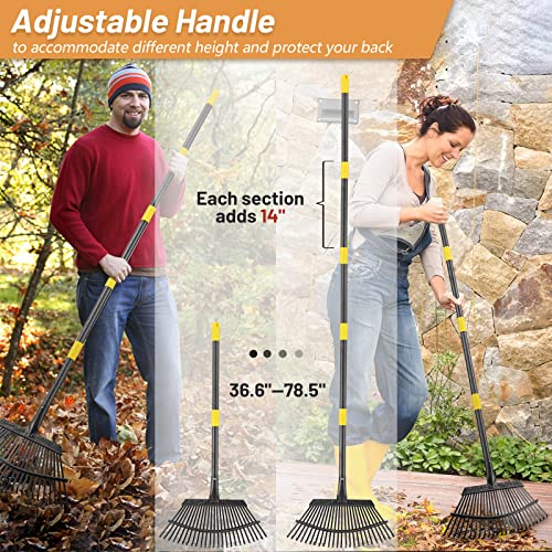 Leaf Rake for Gardening - 18" Wide Garden Rake for Leaves,25 Tines Yard Rakes for Lawns Heavy Duty,36-78" Adjustable Handle for Easy Cleaning,Metal Rake for Shrub,Grass,Detachable for Camping