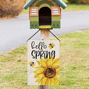 Spring Garden Flag Sunflower Bee Hello Spring Vertical Double Sided Yard Outdoor Decor 12.5x18 Inch