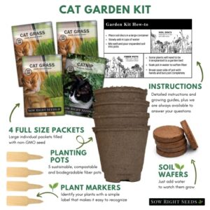 Sow Right Seeds - Heirloom Garden Kit for Cat Lovers - 4 Seed Packets with Instructions, Pots, Potting Soil, and Plant Markers - Start and Grow Catnip and Cat Grass Indoors - Non GMO - Wonderful Gift