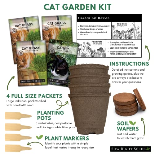 Sow Right Seeds - Heirloom Garden Kit for Cat Lovers - 4 Seed Packets with Instructions, Pots, Potting Soil, and Plant Markers - Start and Grow Catnip and Cat Grass Indoors - Non GMO - Wonderful Gift