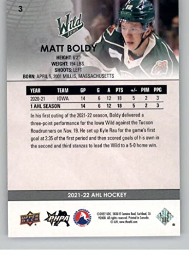 2021-22 Upper Deck AHL #3 Matt Boldy RC Rookie Iowa Wild Hockey Trading Card