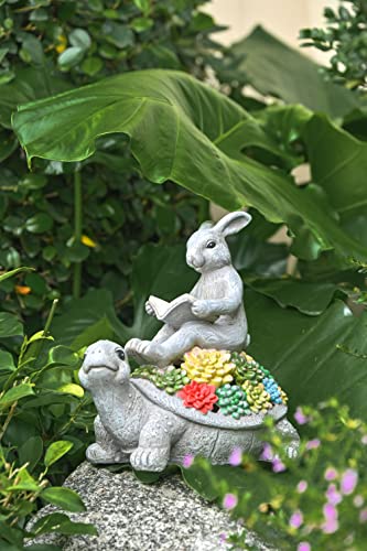 TERESA'S COLLECTIONS Garden Statues Rabbit Turtle Solar Easter Decoration Outdoor Statues Tortoise Bunny Statue Garden Gifts for Patio Balcony Porch Yard Decor, 9 inch