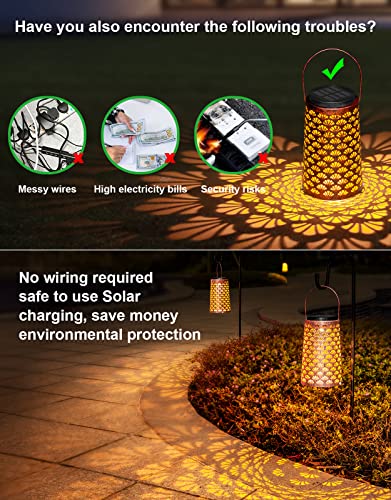 JSOT Solar Lanterns Outdoor Waterproof,2 Pack Hanging Lantern Decorative Metal Outdoor Lights for Backyard Porch Patio Table Yard Balcony Teepee Lawn Pathway Tree 2 Modes Warm/Cool White