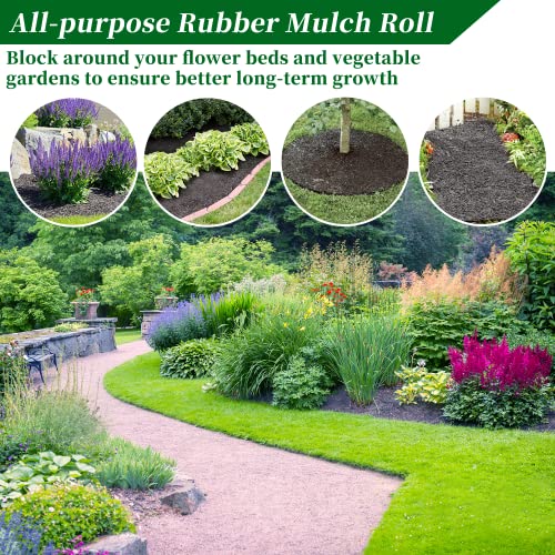 Black Rubber Mulch for Landscaping 120“ L x 4.5”W Recycled Garden Edging Border Mat Natural Looking Permanent Garden Mulch Barrier for Plants Vegetables & Flowers 15 Plastic Anchors Included