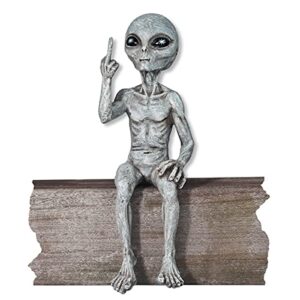rude alien statue “flipping the bird” 10″ h shelf sitter extraterrestrial figurine funny home or garden decoration (alien gray)