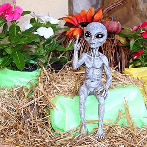 Rude Alien Statue “Flipping The Bird” 10″ H Shelf Sitter Extraterrestrial Figurine Funny Home or Garden Decoration (Alien Gray)