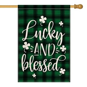 avoin colorlife lucky and blessed watercolor buffalo plaid shamrock house flag double sided, st patricks day yard outdoor flag 28 x 40 inch