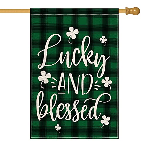 AVOIN colorlife Lucky and Blessed Watercolor Buffalo Plaid Shamrock House Flag Double Sided, St Patricks Day Yard Outdoor Flag 28 x 40 Inch