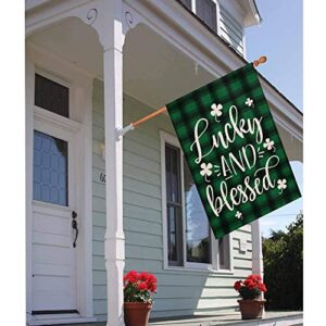 AVOIN colorlife Lucky and Blessed Watercolor Buffalo Plaid Shamrock House Flag Double Sided, St Patricks Day Yard Outdoor Flag 28 x 40 Inch