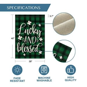 AVOIN colorlife Lucky and Blessed Watercolor Buffalo Plaid Shamrock House Flag Double Sided, St Patricks Day Yard Outdoor Flag 28 x 40 Inch