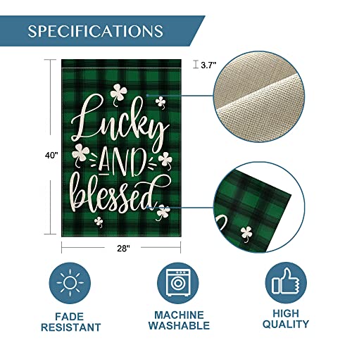 AVOIN colorlife Lucky and Blessed Watercolor Buffalo Plaid Shamrock House Flag Double Sided, St Patricks Day Yard Outdoor Flag 28 x 40 Inch