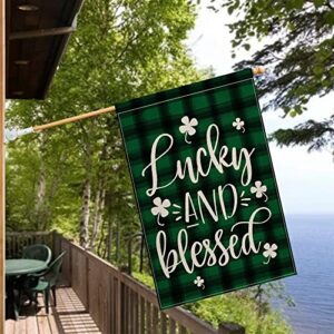 AVOIN colorlife Lucky and Blessed Watercolor Buffalo Plaid Shamrock House Flag Double Sided, St Patricks Day Yard Outdoor Flag 28 x 40 Inch