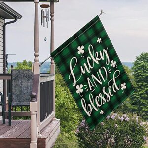 AVOIN colorlife Lucky and Blessed Watercolor Buffalo Plaid Shamrock House Flag Double Sided, St Patricks Day Yard Outdoor Flag 28 x 40 Inch