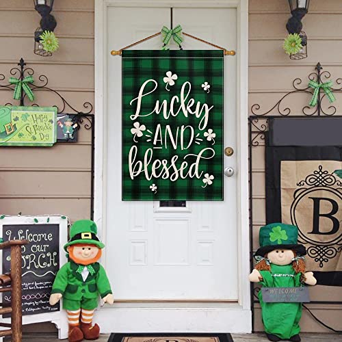 AVOIN colorlife Lucky and Blessed Watercolor Buffalo Plaid Shamrock House Flag Double Sided, St Patricks Day Yard Outdoor Flag 28 x 40 Inch