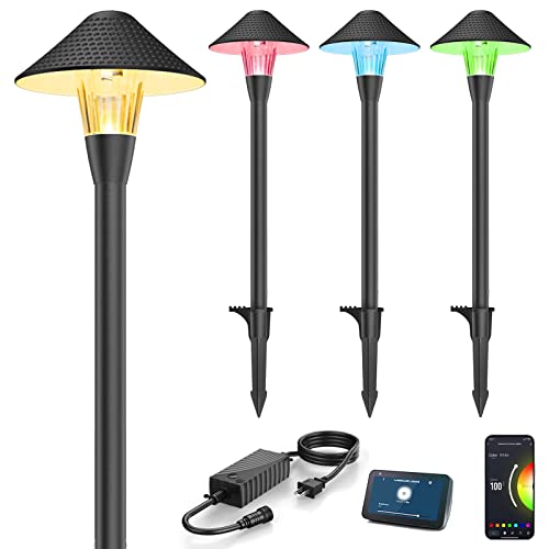 XMCOSY+ Low Voltage Landscape Lights, 200LM Smart Pathway Lights with APP Control, Adjustable Warm White & RGB, Compatible with Alexa, 12V 6W Outdoor Mushroom Lights for Garden Path Lawn (4 Pack)