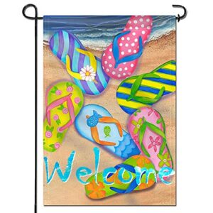 anley |double sided| premium garden flag, flip flops on summer beach welcome decorative garden flags – weather resistant & double stitched – 18 x 12.5 inch