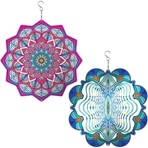 Wind Spinners for Yard and Garden - 2 Styles Mandala Hanging Wind Catcher Decor, 11.8in Stainless Steel Geometric 3D Kinetic Art with Swivel Hooks for Outdoor Ornaments Unusual Gifts