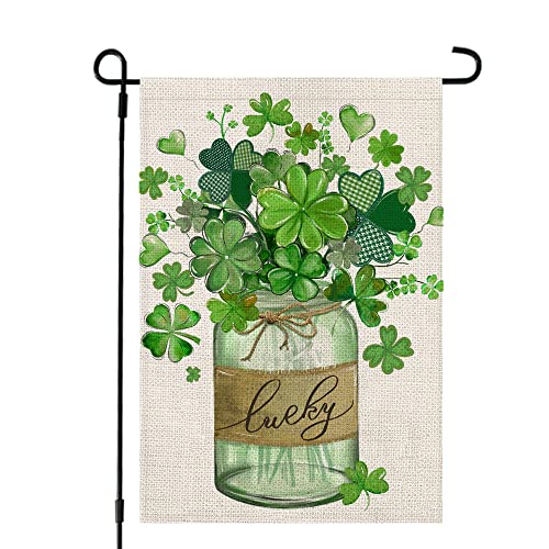 CROWNED BEAUTY St Patricks Day Garden Flag 12x18 Inch Double Sided for Outside Small Burlap Green Shamrocks Clovers Mason Jar Lucky Welcome Yard Holiday Flag CF727-12