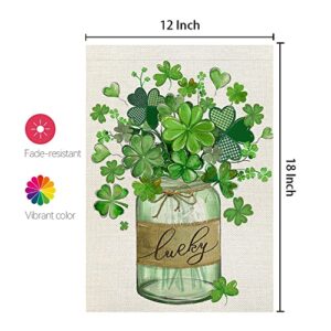 CROWNED BEAUTY St Patricks Day Garden Flag 12x18 Inch Double Sided for Outside Small Burlap Green Shamrocks Clovers Mason Jar Lucky Welcome Yard Holiday Flag CF727-12