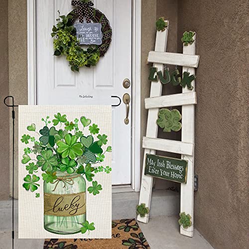 CROWNED BEAUTY St Patricks Day Garden Flag 12x18 Inch Double Sided for Outside Small Burlap Green Shamrocks Clovers Mason Jar Lucky Welcome Yard Holiday Flag CF727-12