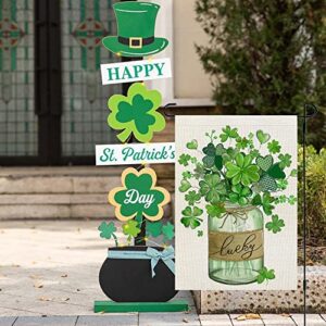 CROWNED BEAUTY St Patricks Day Garden Flag 12x18 Inch Double Sided for Outside Small Burlap Green Shamrocks Clovers Mason Jar Lucky Welcome Yard Holiday Flag CF727-12