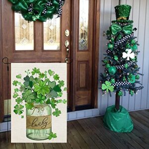 CROWNED BEAUTY St Patricks Day Garden Flag 12x18 Inch Double Sided for Outside Small Burlap Green Shamrocks Clovers Mason Jar Lucky Welcome Yard Holiday Flag CF727-12