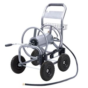 giraffe tools industrial hose reel cart, heavy duty hose reel with 4 solid wheels, slide hose guide system, holds 250-feet of 5/8″ hose capacity for outside garden & yard
