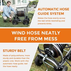 Giraffe Tools Industrial Hose Reel Cart, Heavy Duty Hose Reel with 4 Solid Wheels, Slide Hose Guide System, Holds 250-Feet of 5/8" Hose Capacity for Outside Garden & Yard