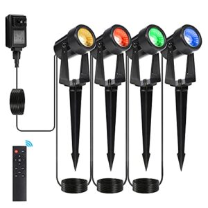 pikapi outdoor rgb landscape lights color changing plug in remote control 14v low voltage 14m/46ft ip65 waterproof led spotlights with transformer for pathway garden backyard tree flag (4 in 1)