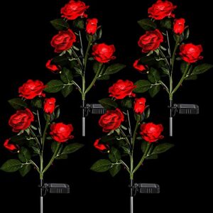 4 pack solar garden stake light outdoor led solar rose flowers lights with 20 rose flowers waterproof solar decorative lights for patio courtyard pathway garden lawn (red color)