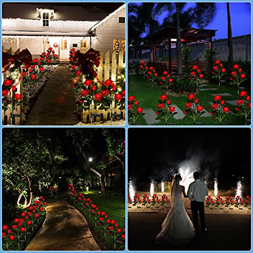 4 Pack Solar Garden Stake Light Outdoor LED Solar Rose Flowers Lights with 20 Rose Flowers Waterproof Solar Decorative Lights for Patio Courtyard Pathway Garden Lawn (Red Color)