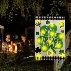 st patricks day lighted garden flag 12×18 double sided buffalo check plaid durable burlap shamrock garden flag with led lights for lawn party st patricks day outdoor decorations (style 1)