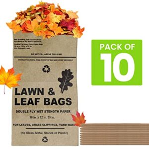 Lawn and Leaf Bags 30 Gallon - Pack of 10 - Tear Resistant Eco-Friendly Trash Bags for Wet/Dry Leaves, Grass Clippings, and Twigs - Brown Recyclable and Compostable Yard Bags - Biodegradable Bags