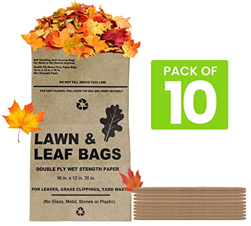 Lawn and Leaf Bags 30 Gallon - Pack of 10 - Tear Resistant Eco-Friendly Trash Bags for Wet/Dry Leaves, Grass Clippings, and Twigs - Brown Recyclable and Compostable Yard Bags - Biodegradable Bags