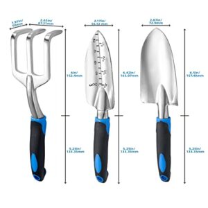 Sinoer Garden Tool Set, 3Piece Heavy Duty Cast-Aluminum Gardening Hand Tool Includes Hand Trowel, Transplant Trowel and Cultivator Hand Rake with Soft Rubberized Non-Slip Ergonomic Handle - Blue