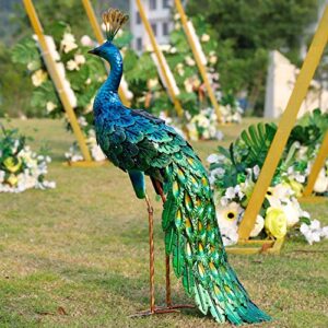 chisheen outdoor solar peacock statue garden decor metal yard art for lawn backyard party wedding decoration