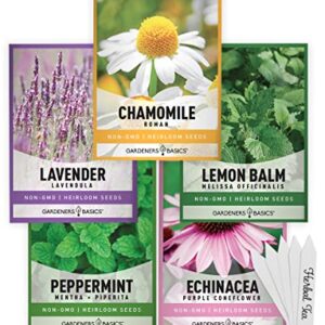 Herbal Tea Seeds for Planting Indoors and Outdoors 5 Variety Packets Echinacea, Peppermint, Lavender, Chamomile and Lemon Balm - Great for Kitchen Herb Garden Heirloom Herb Seeds - Gardeners Basics