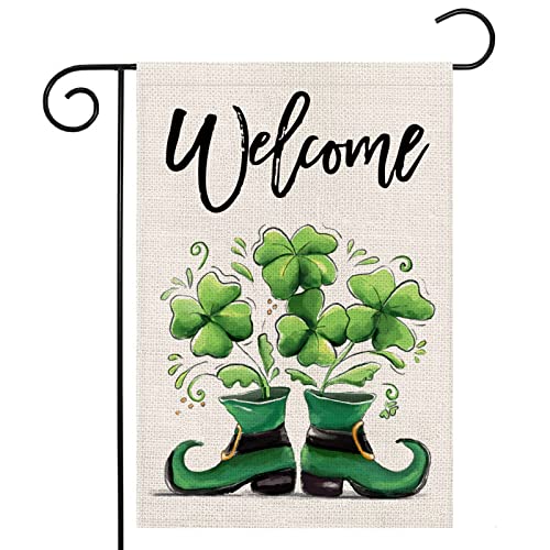 Welcome St Patricks Day Garden Flag 12x18 Double Sided Shamrock in The Boots Small Yard Flag,Spring Saint Patrick Decors for Farmhouse Outdoor Outside Holiday