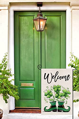 Welcome St Patricks Day Garden Flag 12x18 Double Sided Shamrock in The Boots Small Yard Flag,Spring Saint Patrick Decors for Farmhouse Outdoor Outside Holiday