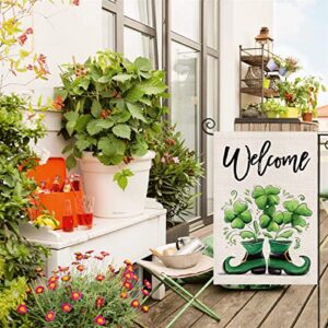 Welcome St Patricks Day Garden Flag 12x18 Double Sided Shamrock in The Boots Small Yard Flag,Spring Saint Patrick Decors for Farmhouse Outdoor Outside Holiday