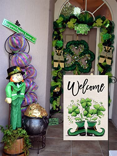 Welcome St Patricks Day Garden Flag 12x18 Double Sided Shamrock in The Boots Small Yard Flag,Spring Saint Patrick Decors for Farmhouse Outdoor Outside Holiday