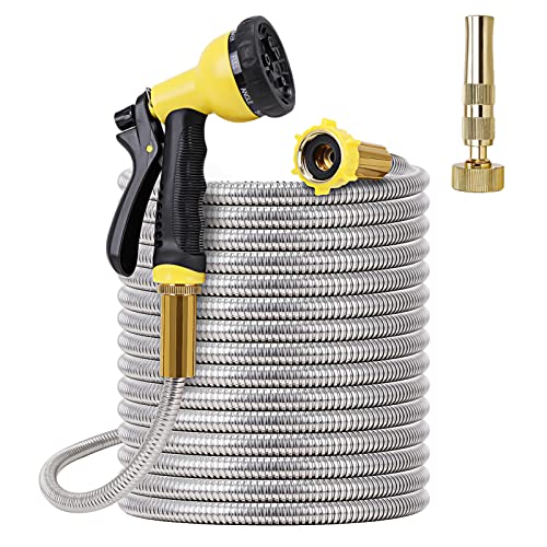 Metal Garden Hose 25FT- Stainless Steel Heavy Duty Water Hose with Solid Metal Nozzle &8 Function Sprayer, Portable & Lightweight Kink Free Yard Hose, Outdoor Hose