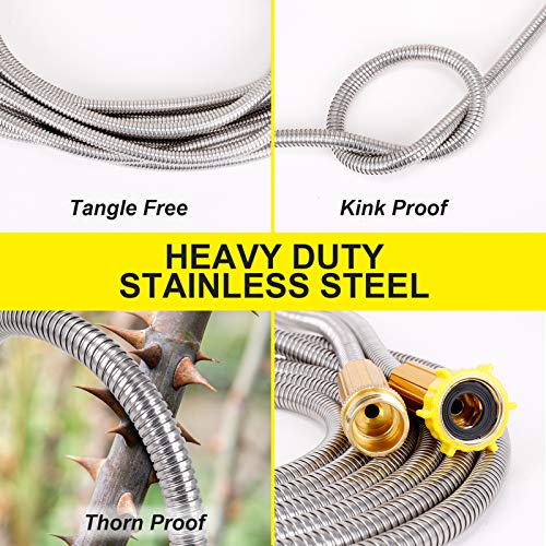 Metal Garden Hose 25FT- Stainless Steel Heavy Duty Water Hose with Solid Metal Nozzle &8 Function Sprayer, Portable & Lightweight Kink Free Yard Hose, Outdoor Hose