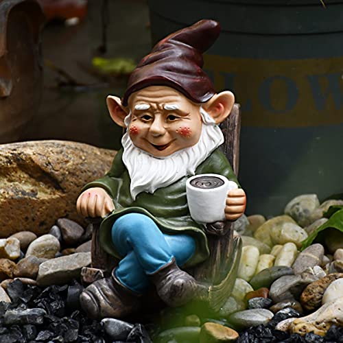 OwMell Drinking Coffee Garden Gnome Statue Decoration 7.3" Gnome Garden Statue Figurine Ornament for Indoor Outdoor Home Garden Patio Yard Lawn