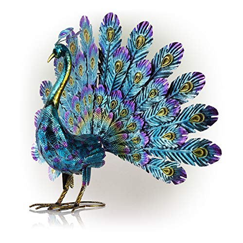 Alpine Corporation JUM232 Metal Peacock Outdoor Statue, 32" L x 12" W x 23" H, Multi-Color